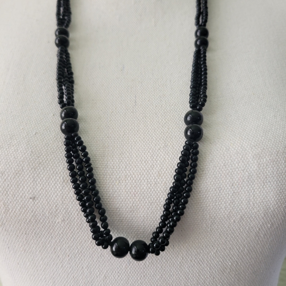 Vintage Necklace Black Glass Bead 30" Claspless Art Deco Art Glass Whimsy Goth